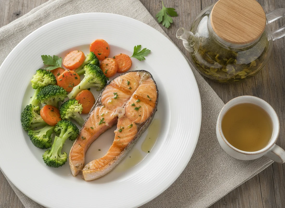 Salmón con brócoli y zanahorias acompañado de té verde photo