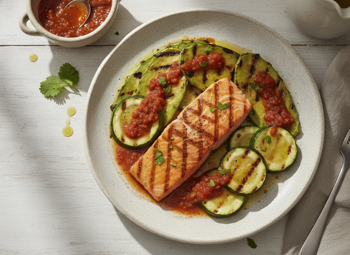 Salmón con calabacitas y nopales a la parrilla photo