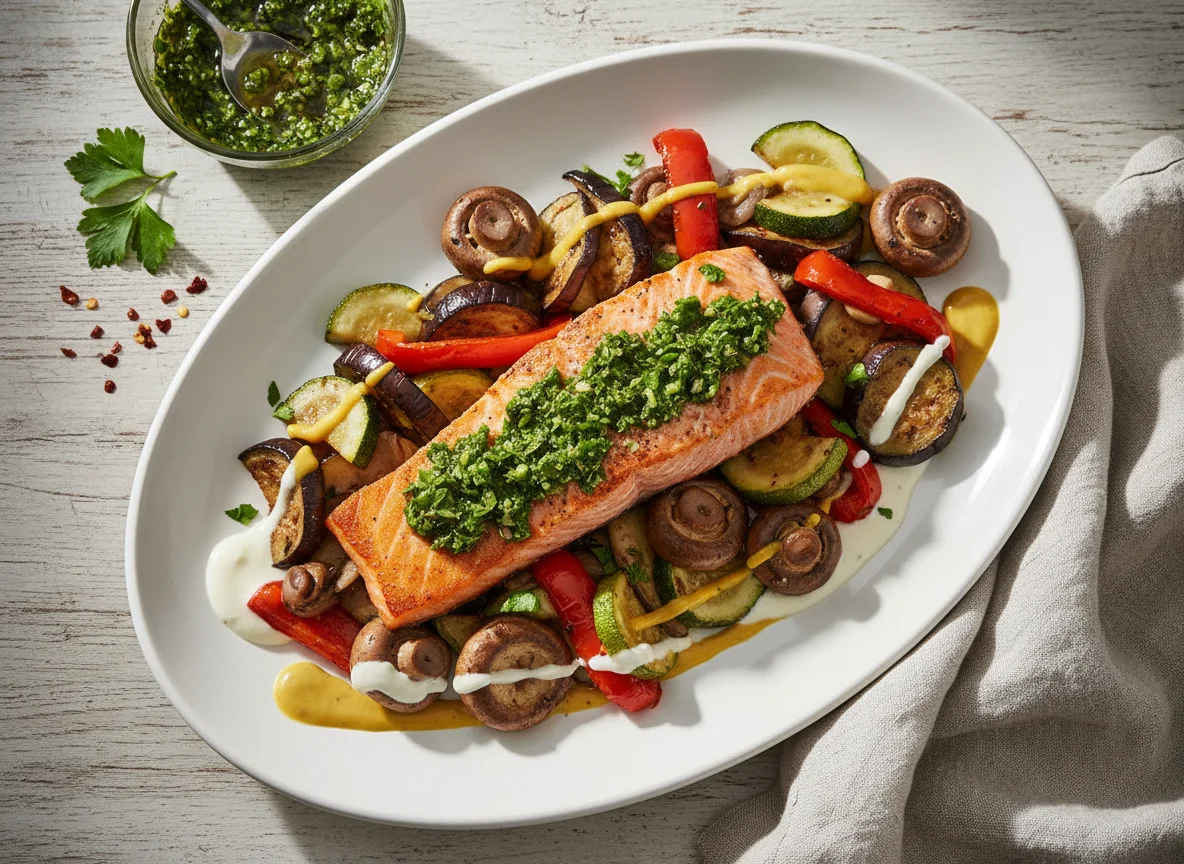 Salmón con chimichurri y vegetales salteados photo