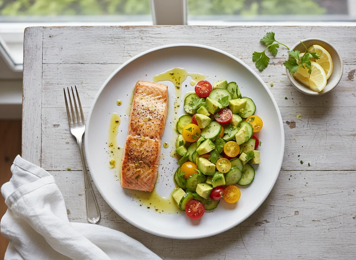 Salmón con ensalada de aguacate y pepino photo