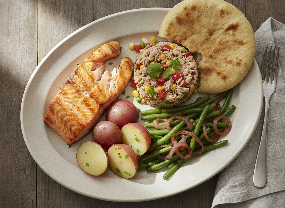 Salmón con ensalada de atún, patatas y verduras photo