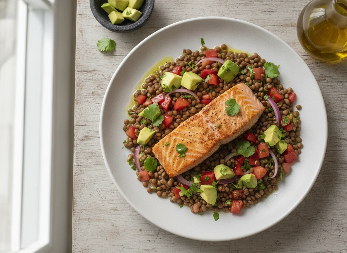 Salmón con ensalada de lentejas y palta photo