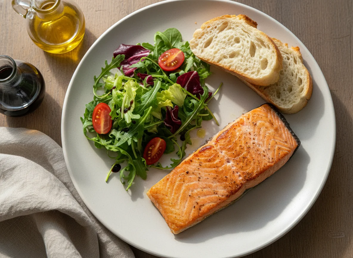 Salmón con ensalada y pan photo