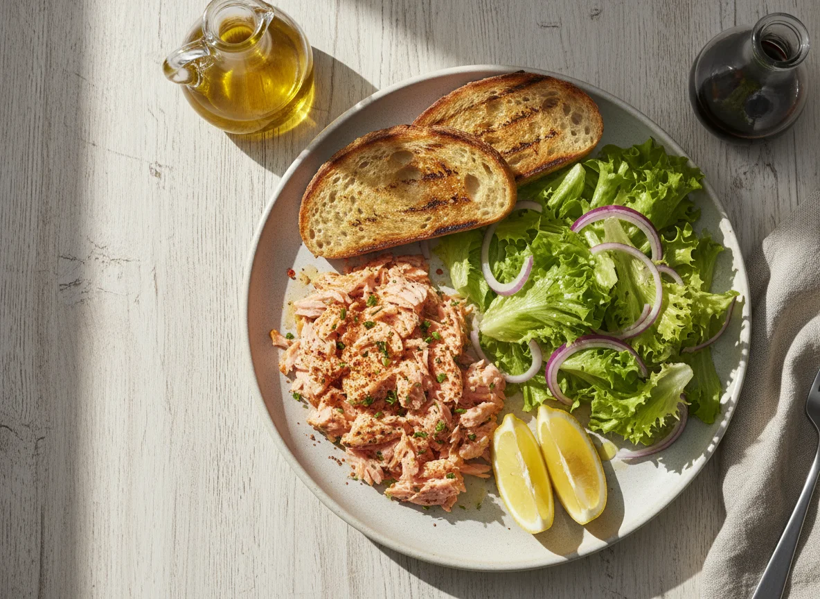 Salmón con ensalada y tostada photo