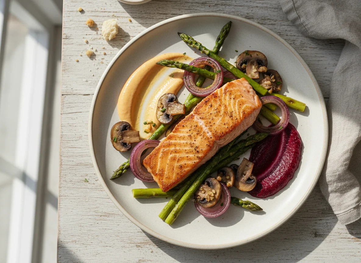 Salmón con espárragos y cebollas asadas photo