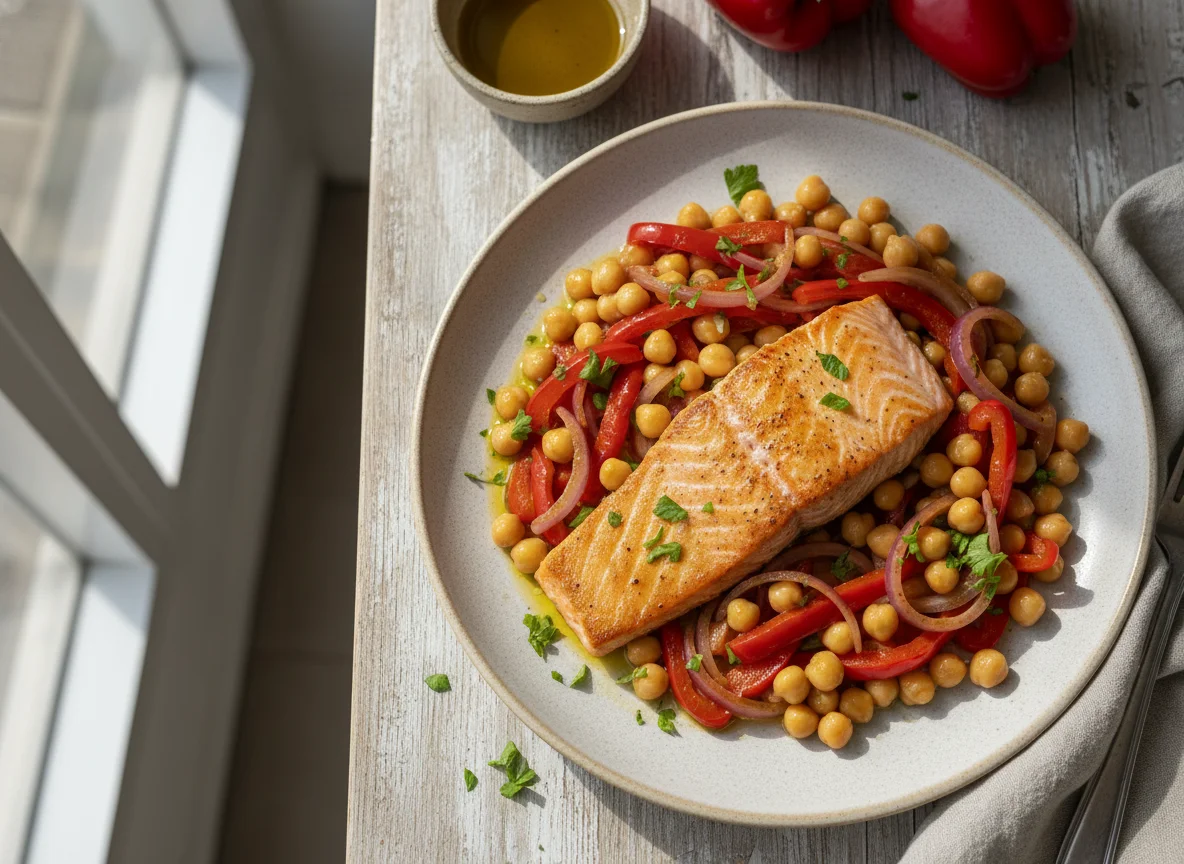 Salmón con garbanzos y pimientos photo