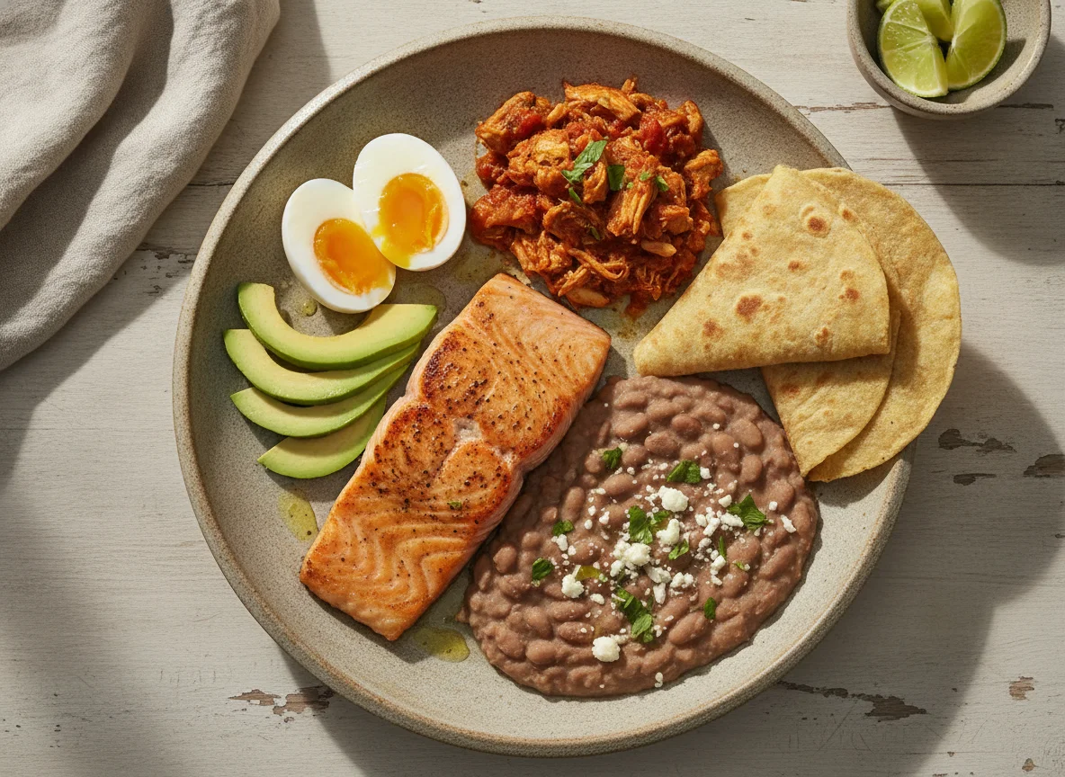 Salmón con huevo, frijoles y aguacate photo