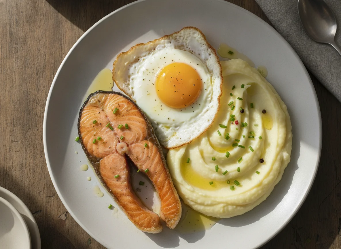 Salmón con huevo frito y puré de patatas photo