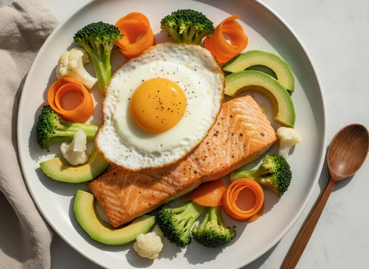 Salmón con huevo frito y verduras photo