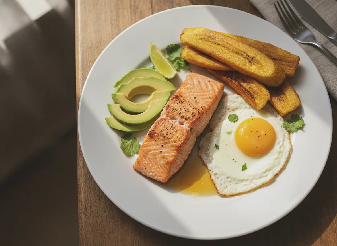 Salmón con huevos fritos, aguacate y plátano photo