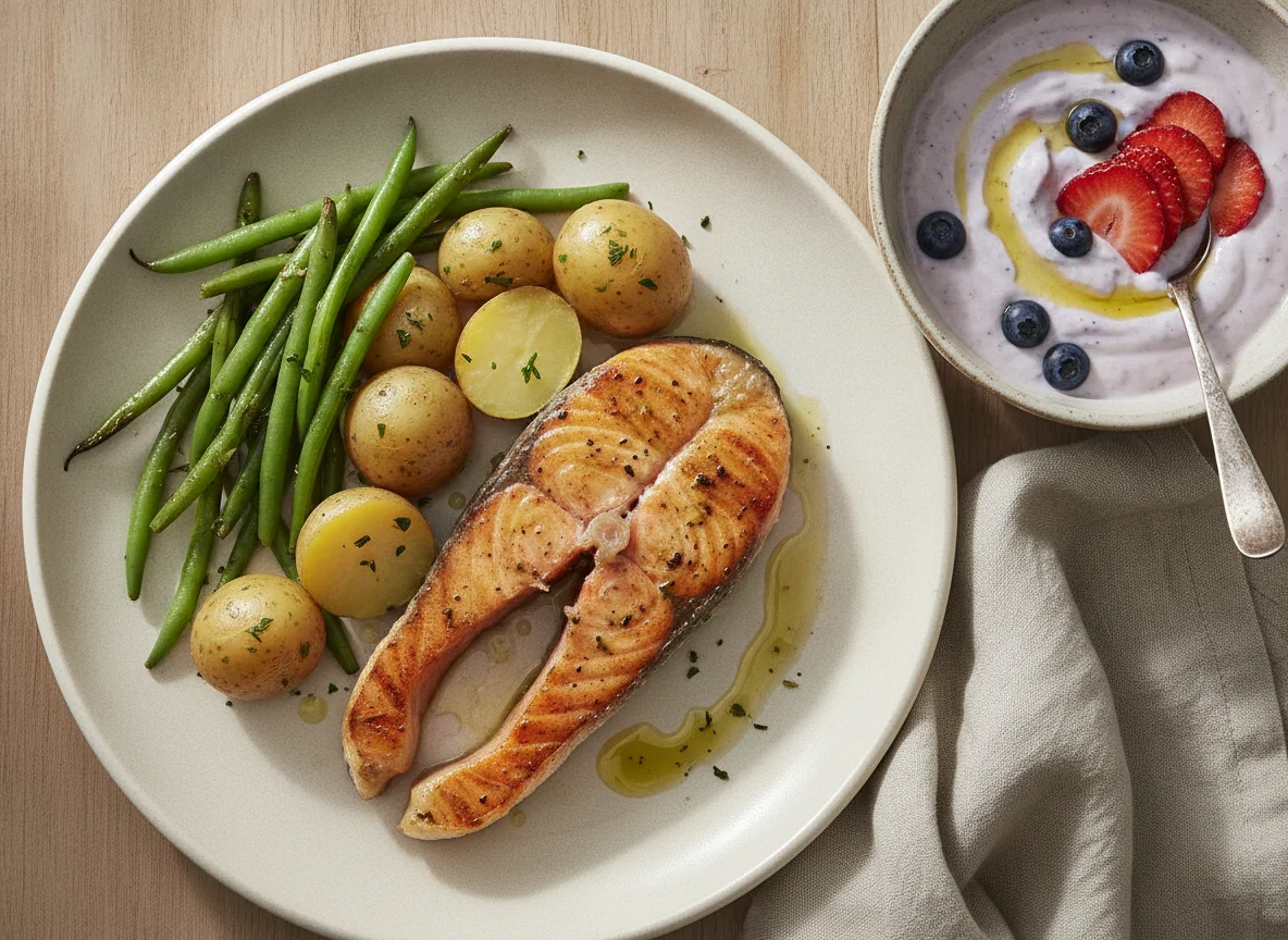 Salmón con judías verdes, patatas y postre de yogur con fresas photo