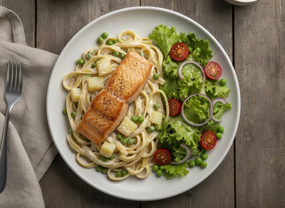 Salmón con pasta fettuccine y ensalada mixta photo