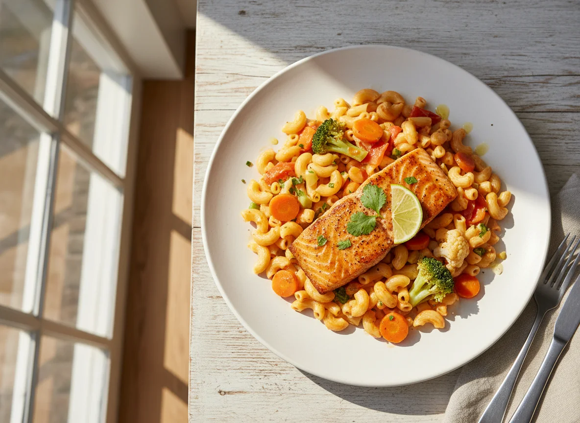 Salmón con pasta y vegetales photo