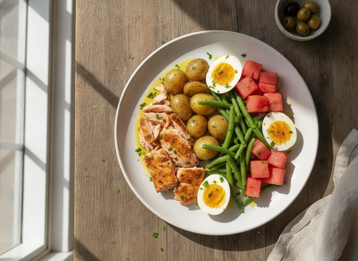 Salmón con patatas, judías verdes, huevo y sandía photo