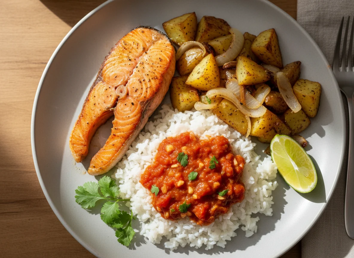 Salmón con patatas y arroz con tomate photo