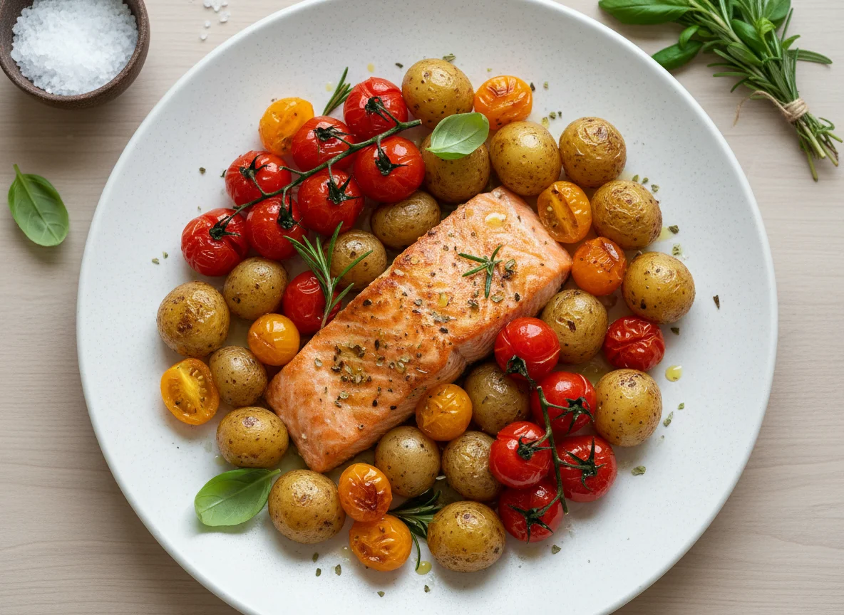 Salmón con patatas y tomates cherry photo
