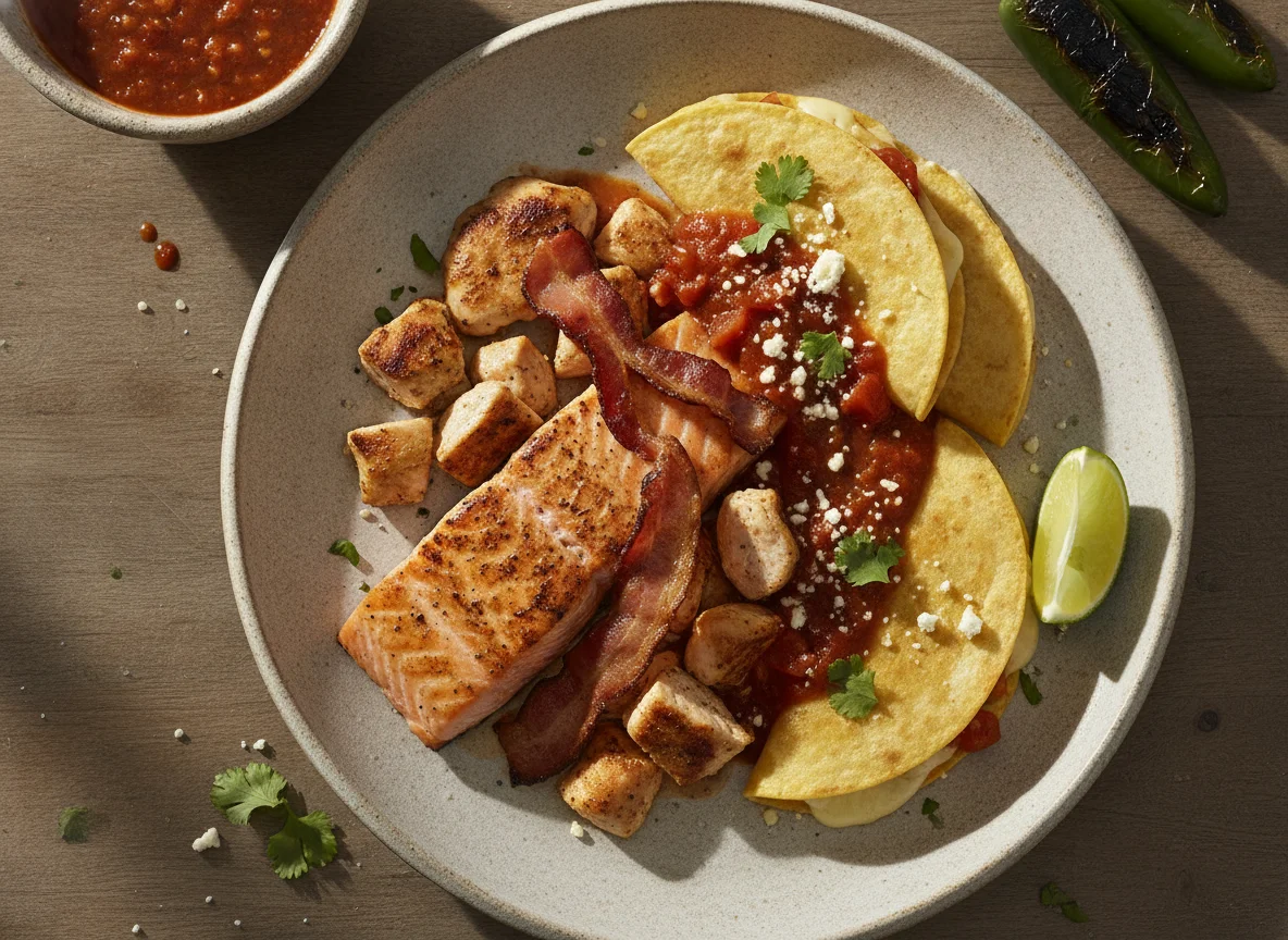 Salmón con pollo, tocino y quesadillas photo