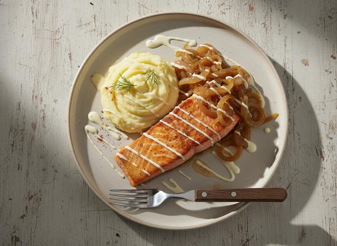 Salmón con puré de papa y cebolla caramelizada photo