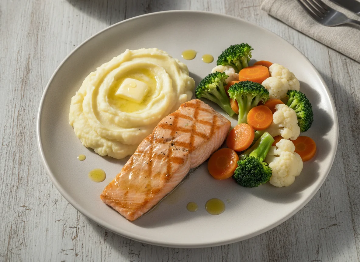 Salmón con puré de papas y verduras al vapor photo