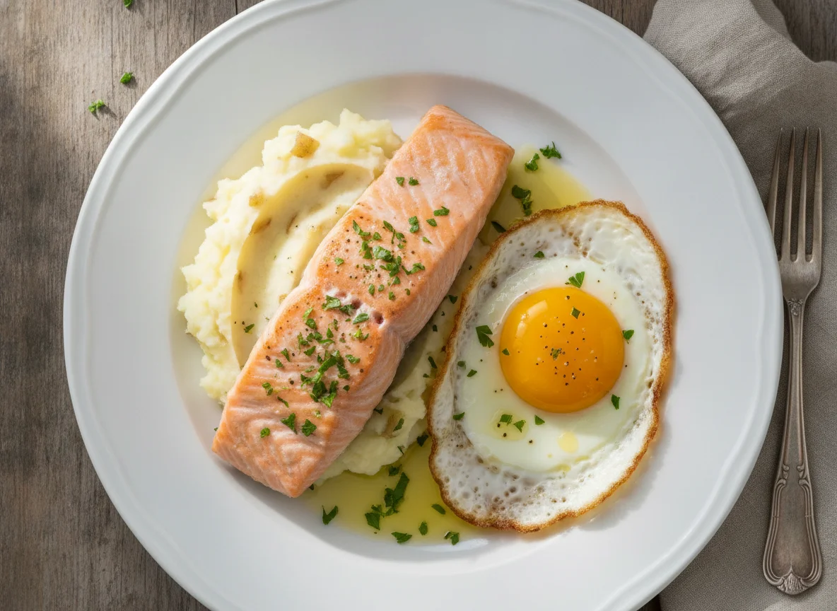 Salmón con puré de patatas y huevo frito photo