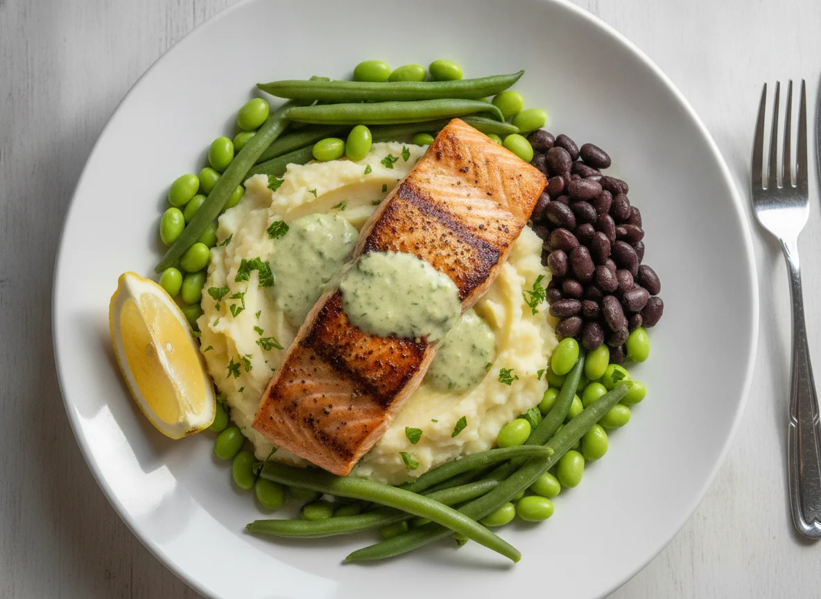 Salmón con puré de patatas y verduras photo