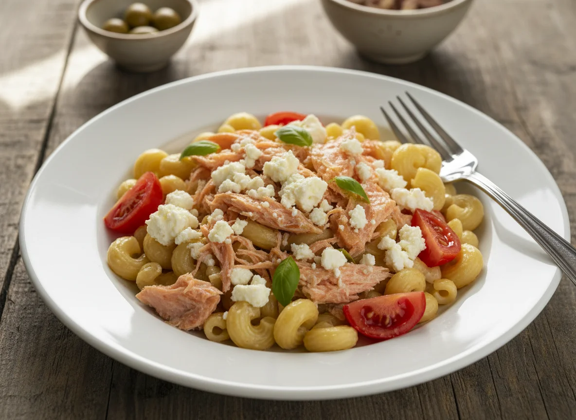 Salmón con queso feta y pasta photo