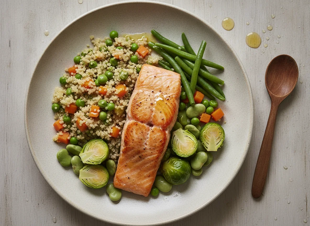 Salmón con quinoa y menestra de verduras photo