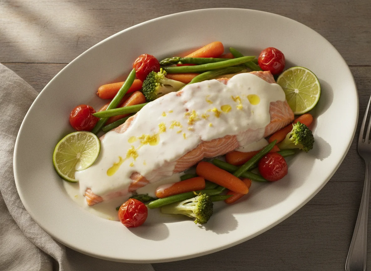 Salmón con salsa blanca y vegetales photo
