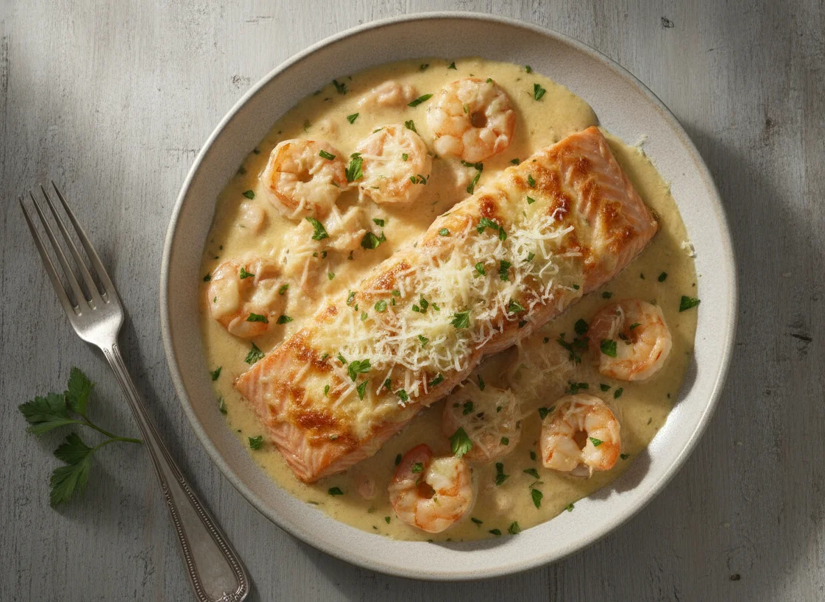 Salmón con salsa de camarones y queso photo