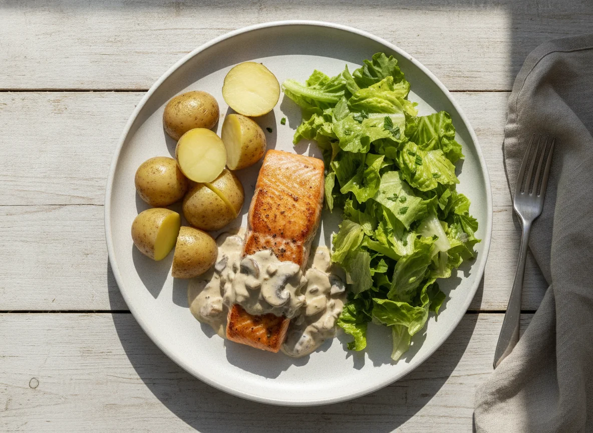 Salmón con salsa de champiñones, papas cocidas y ensalada de lechuga photo