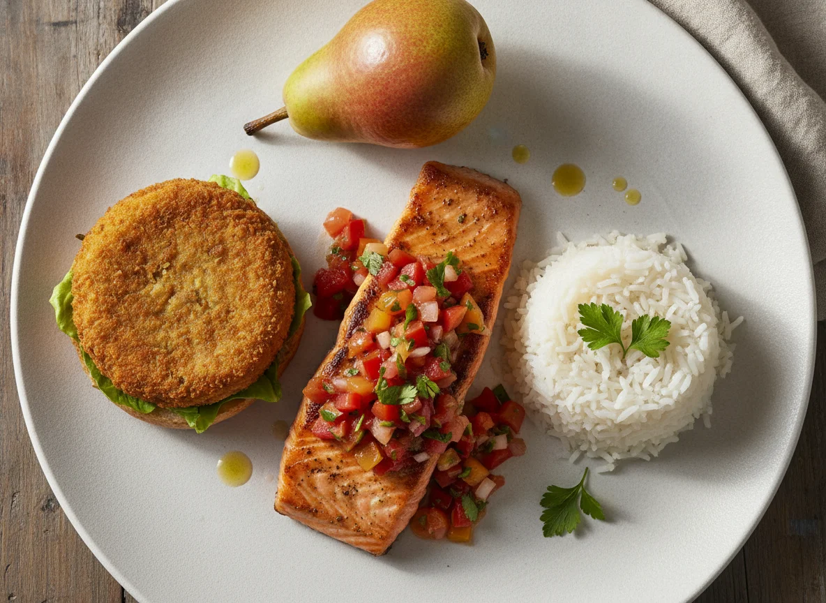 Salmón con salsa, hamburguesa vegetal, arroz y pera photo