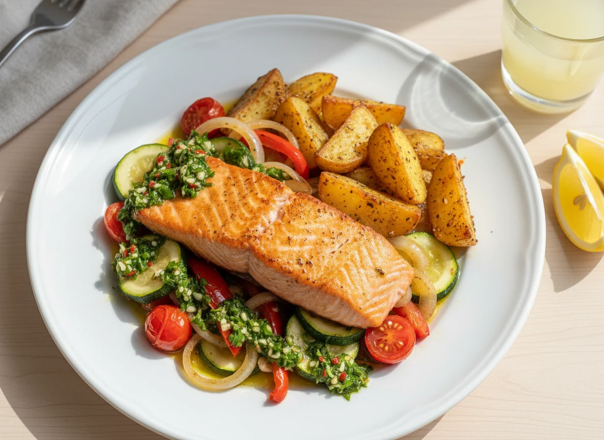 Salmón con vegetales salteados y papas photo