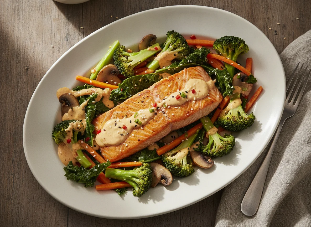 Salmón con vegetales salteados y salsa cremosa photo