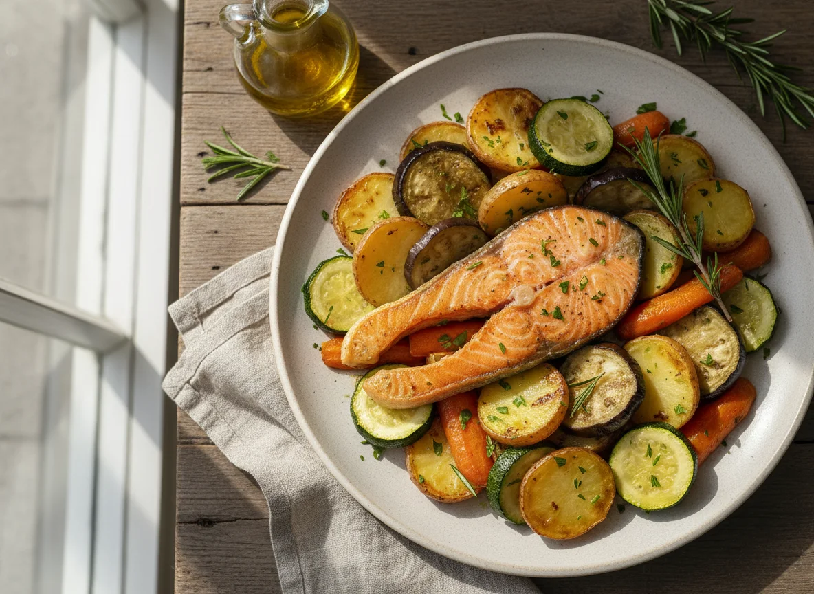 Salmón con verduras asadas photo
