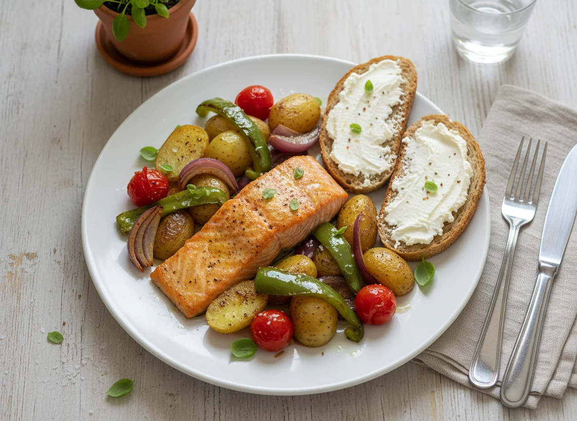 Salmón con verduras y tostada con queso photo