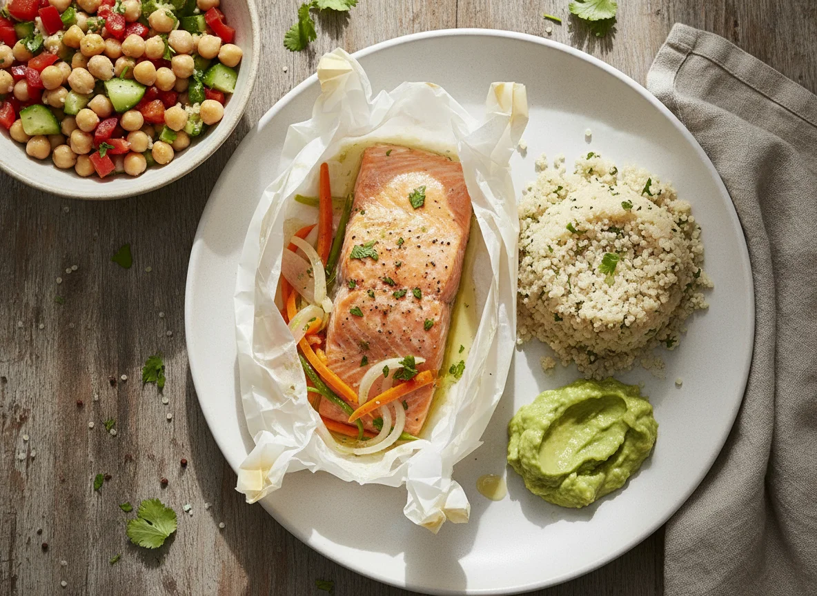 Salmón empapelado con verduras, quinoa y ensalada de garbanzos photo