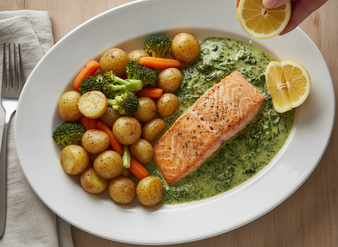 Salmón en salsa cremosa con vegetales photo