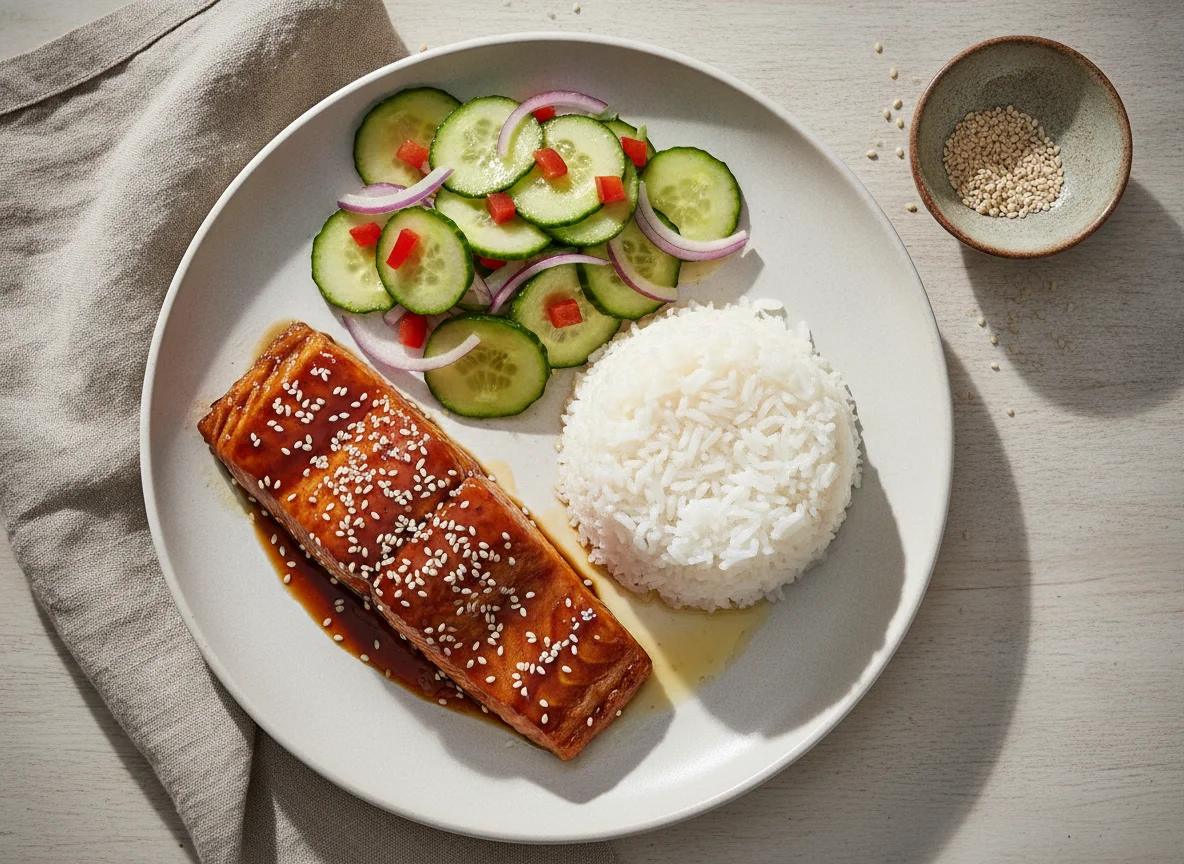 Salmón glaseado con arroz blanco y ensalada de pepino photo