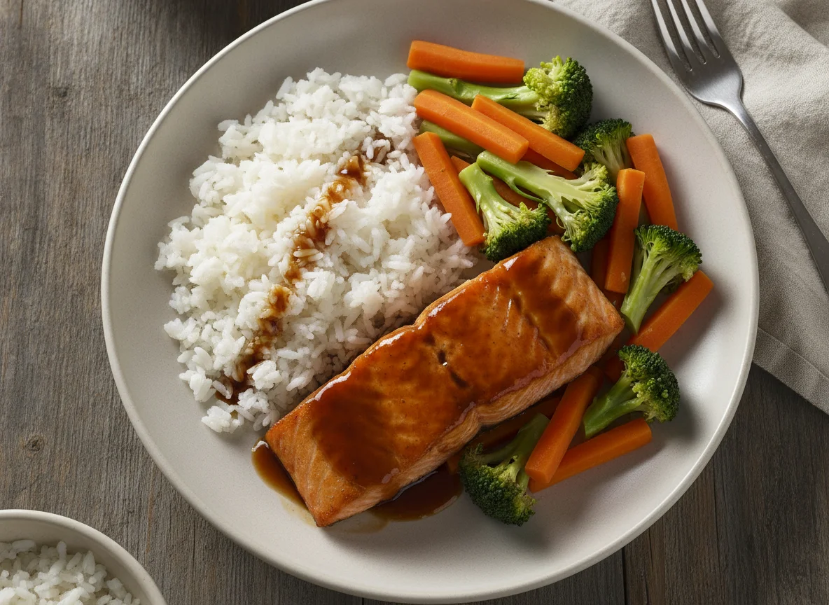 Salmón glaseado con arroz y verduras al vapor photo