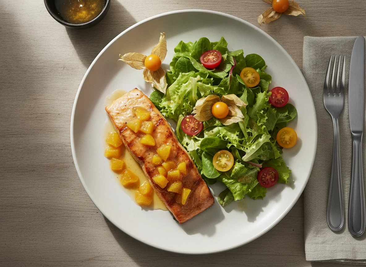 Salmón glaseado con ensalada y uchuvas photo
