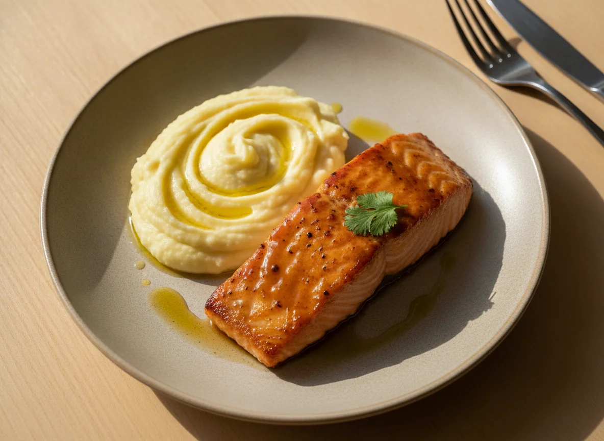 Salmón glaseado con puré de patatas photo