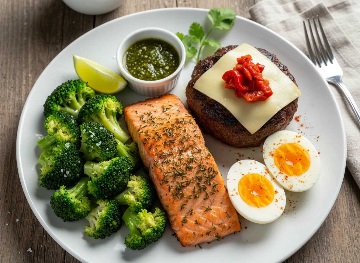 Salmón, hamburguesa, brócoli y huevos cocidos photo