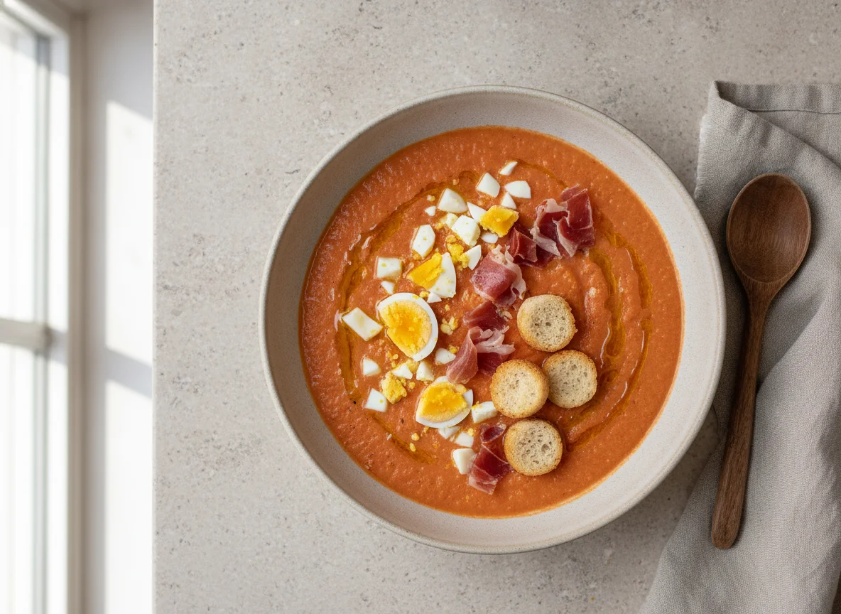 Salmorejo cordobés con huevo y jamón photo