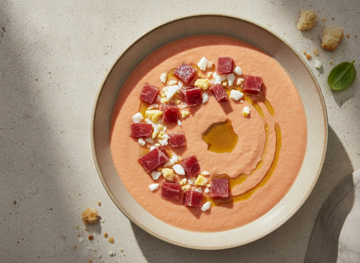 Salmorejo cordobés con jamón y huevo photo