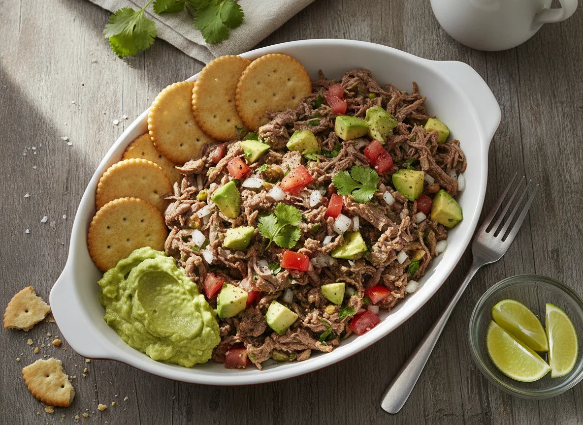 Salpicón de res con aguacate y galletas saladas photo