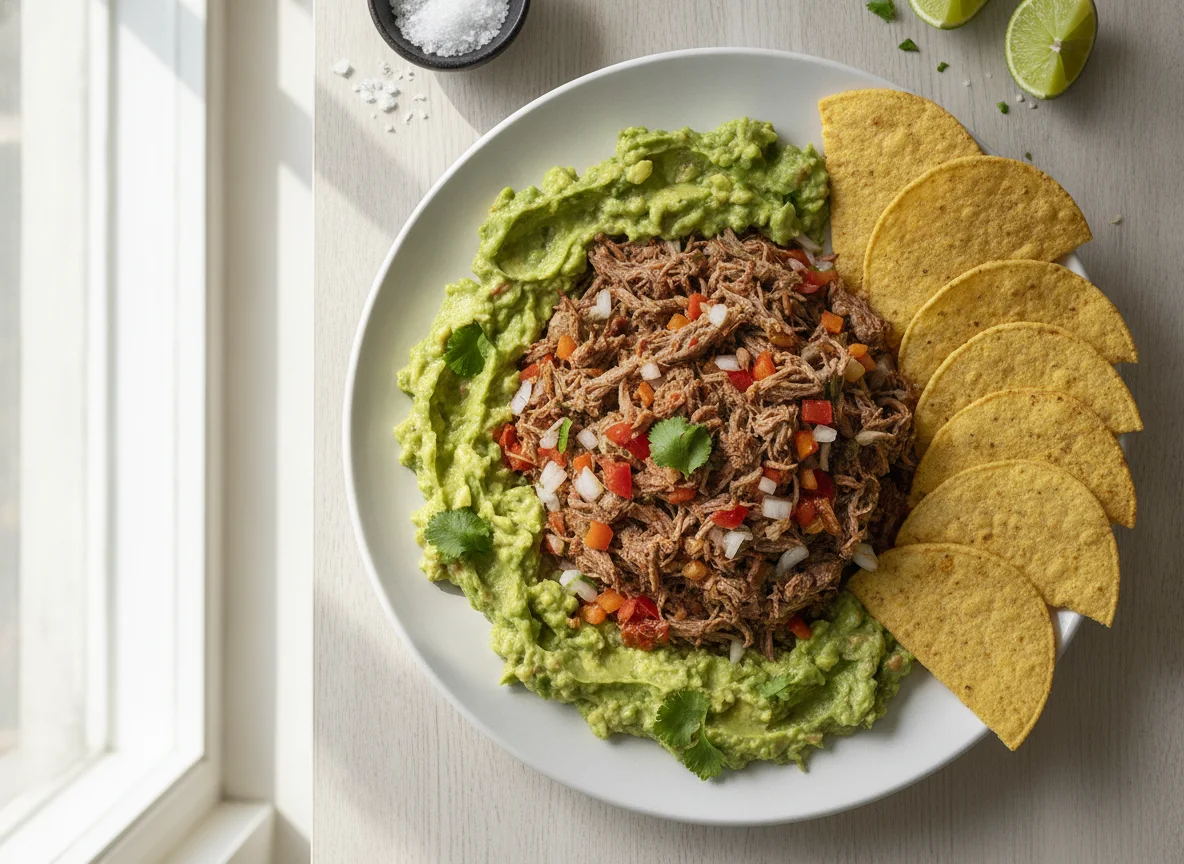 Salpicón de res con guacamole y tostadas de maíz horneadas photo