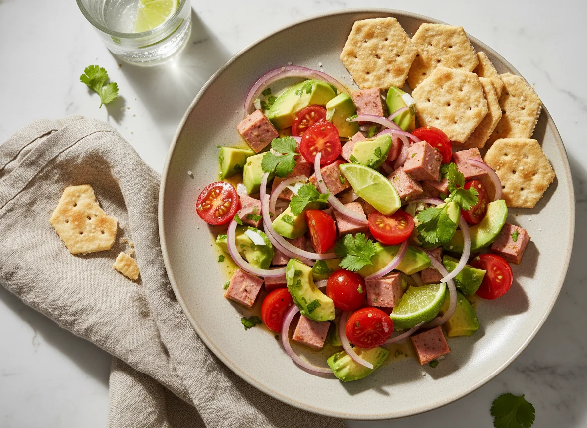 Salpicón de salchicha con galleta salada photo