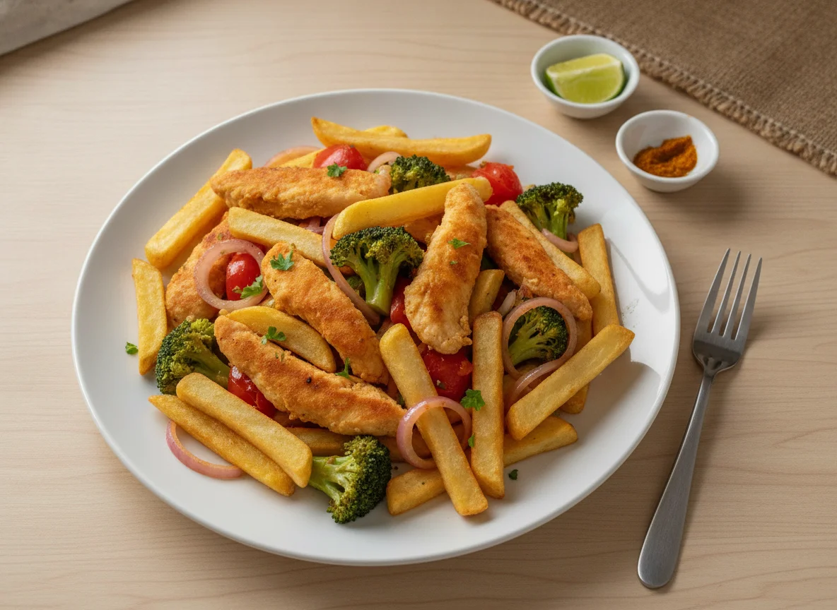 Saltado de pollo con papas fritas y brócoli photo
