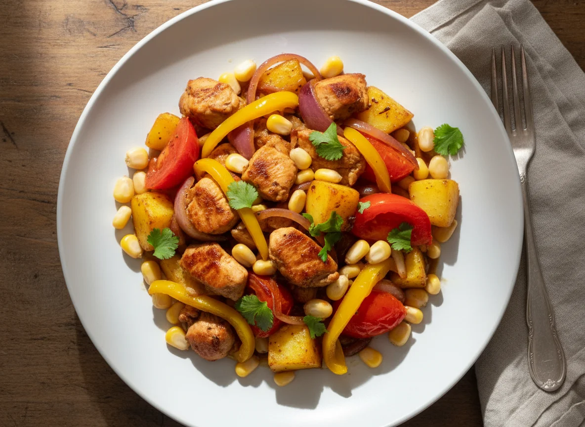 Saltado de pollo con papas y choclo photo