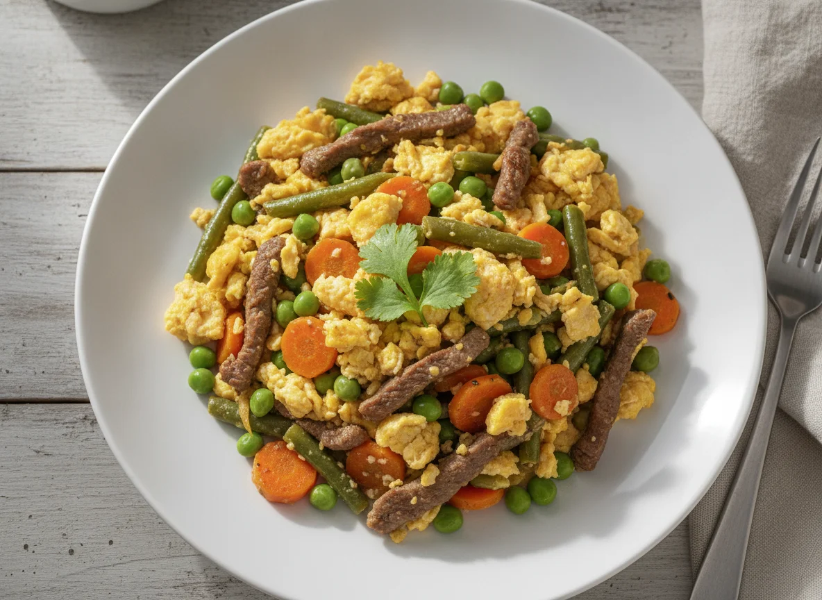 Saltado de verduras con huevo y carne photo